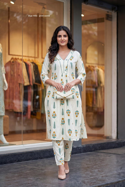 Print World Blue Hills Rayon Kurti Pant Set Supplier Gujarat