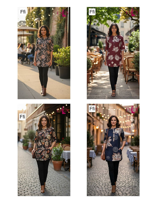 Printed 1310 Lycy Ffi Rayon Short Kurtis Exporter Gujarat