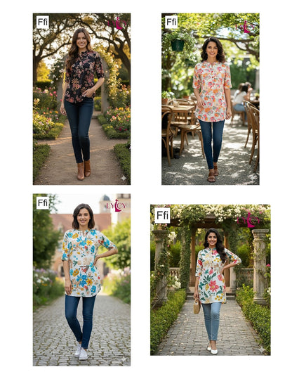 Printed 1310 Lycy Ffi Rayon Short Kurtis Exporter Gujarat
