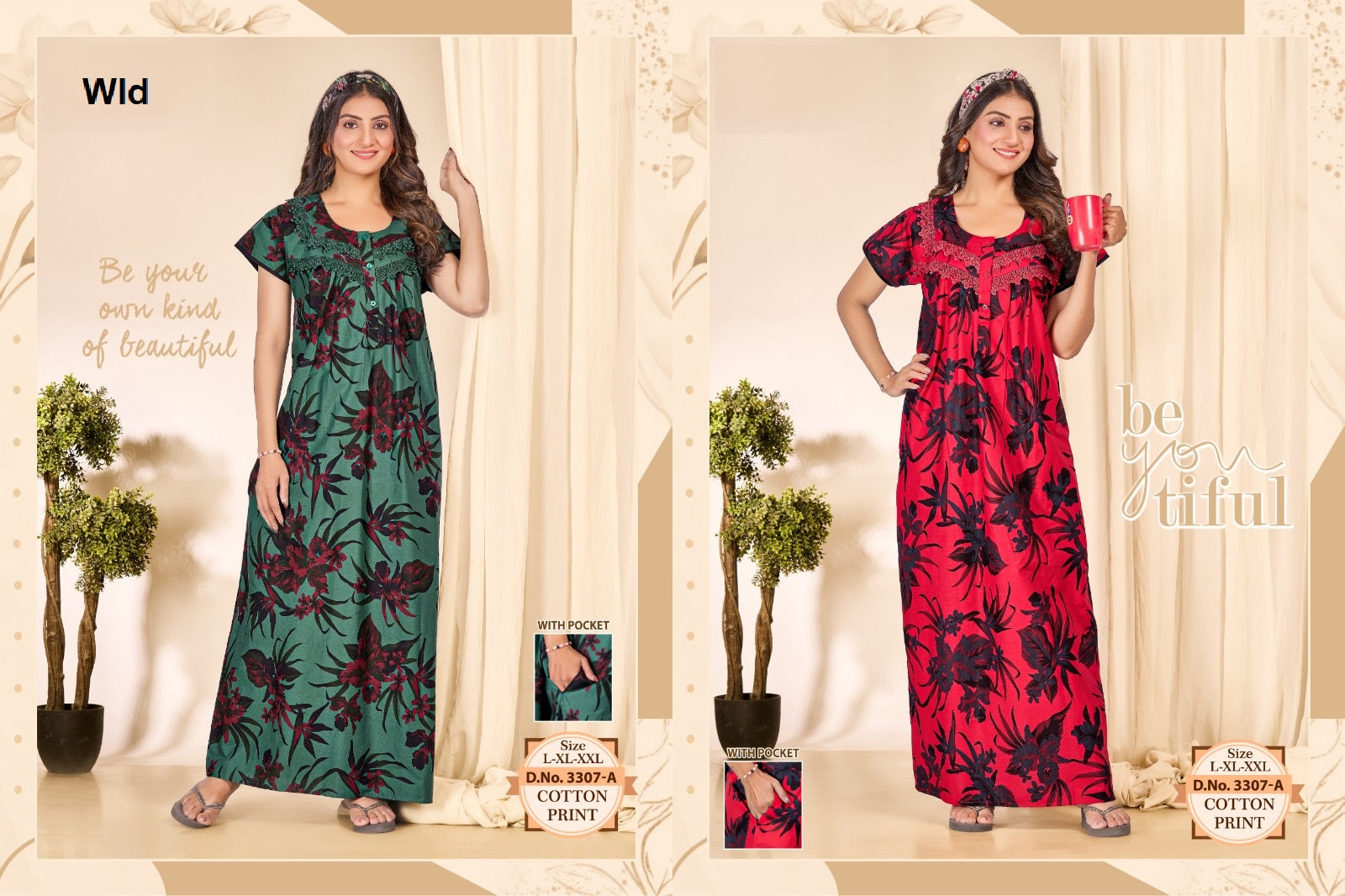 Printed Design 3307 Wld Cotton Night Gowns Exporter Gujarat