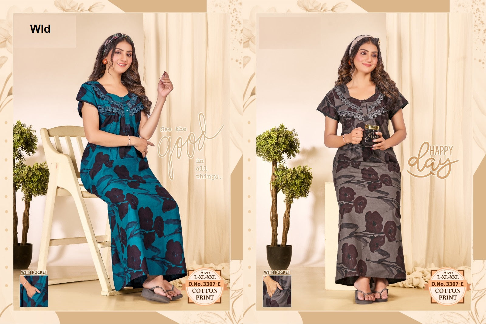 Printed Design 3307 Wld Cotton Night Gowns Exporter Gujarat