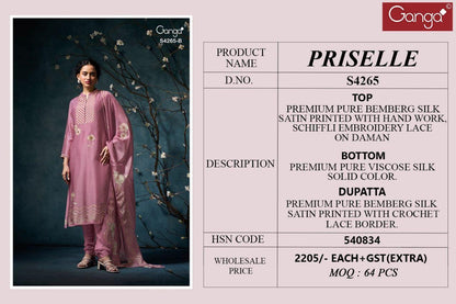 Priselle 4265 Ganga Pure Bemberg Plazzo Style Suits Wholesaler