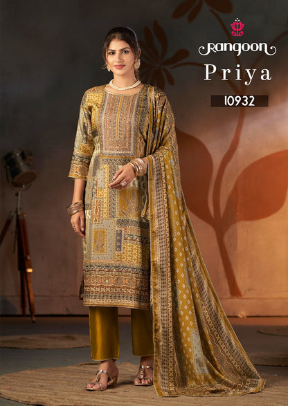 Priya Rangoon Muslin Readymade Pant Style Suits Wholesale