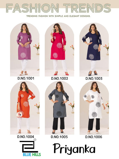 Priyanka Blue Hills Rayon 14Kg Knee Length Kurtis Exporter