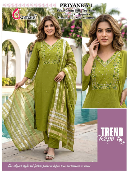 Priyanka Kaavee Roman Silk Readymade Pant Style Suits Manufacturer