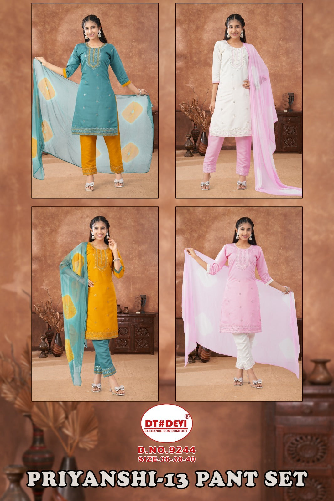 Priyanshi 13 Dn 9244 Dt Devi Roman Silk Girls Readymade Pant Suits Wholesaler India
