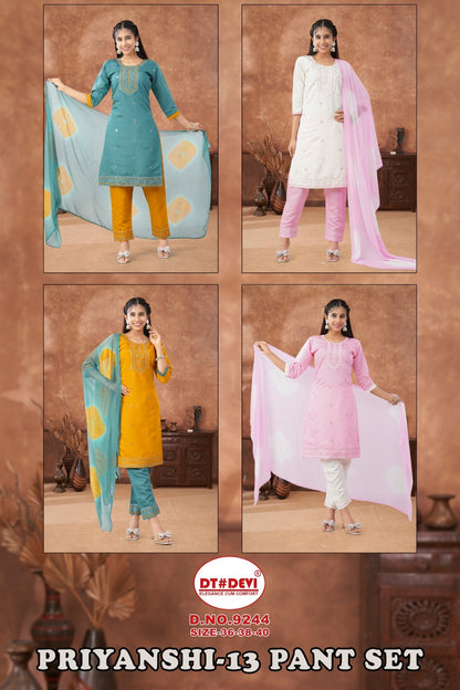 Priyanshi 13 Dn 9244 Dt Devi Roman Silk Girls Readymade Pant Suits Wholesaler India