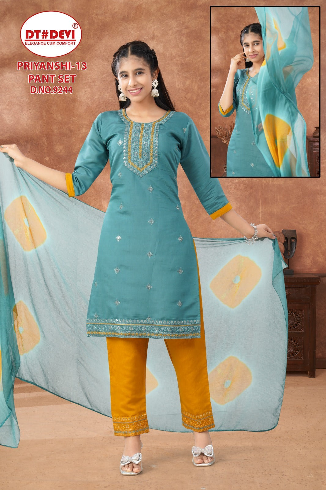 Priyanshi 13 Dn 9244 Dt Devi Roman Silk Girls Readymade Pant Suits Wholesaler India
