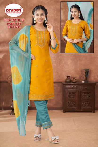 Priyanshi 13 Dn 9244 Dt Devi Roman Silk Girls Readymade Pant Suits Wholesaler India