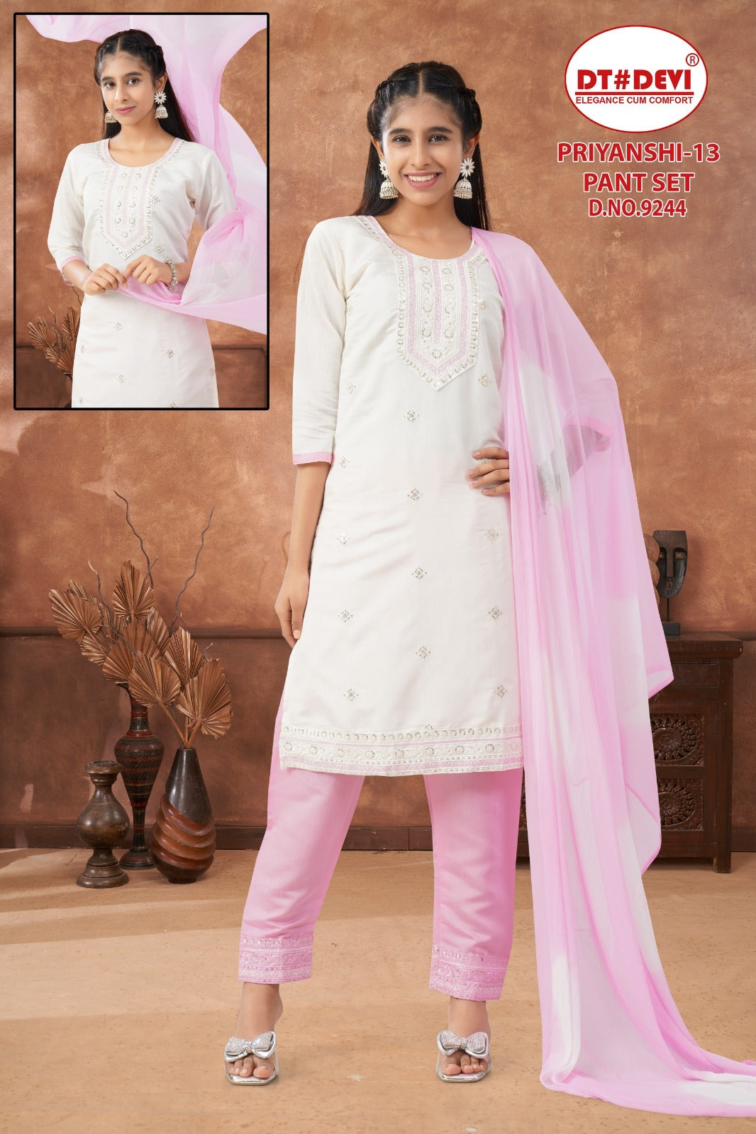Priyanshi 13 Dn 9244 Dt Devi Roman Silk Girls Readymade Pant Suits Wholesaler India