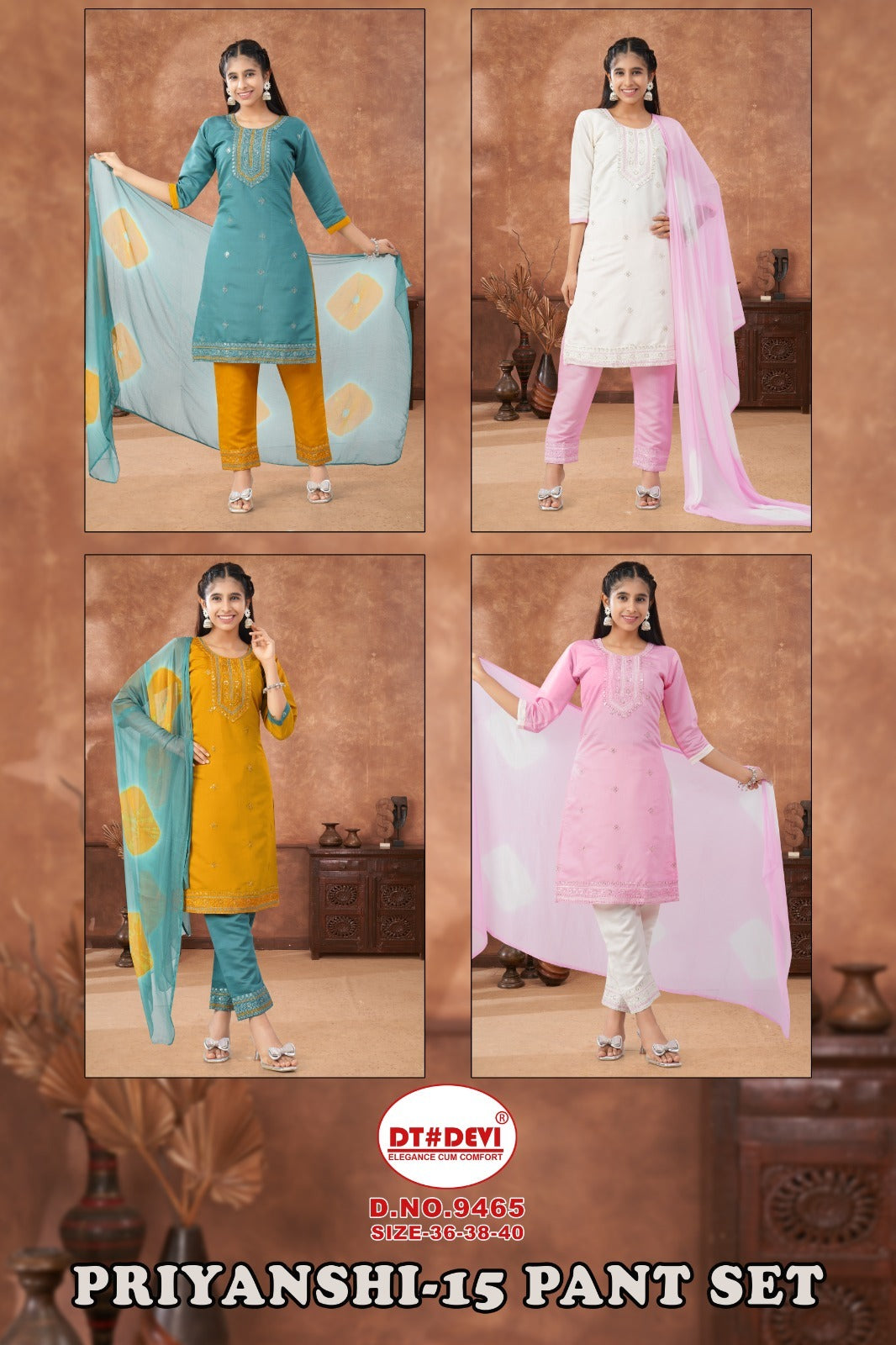 Priyanshi 15 Dn 9465 Dt Devi Roman Silk Girls Readymade Pant Suits Manufacturer Gujarat