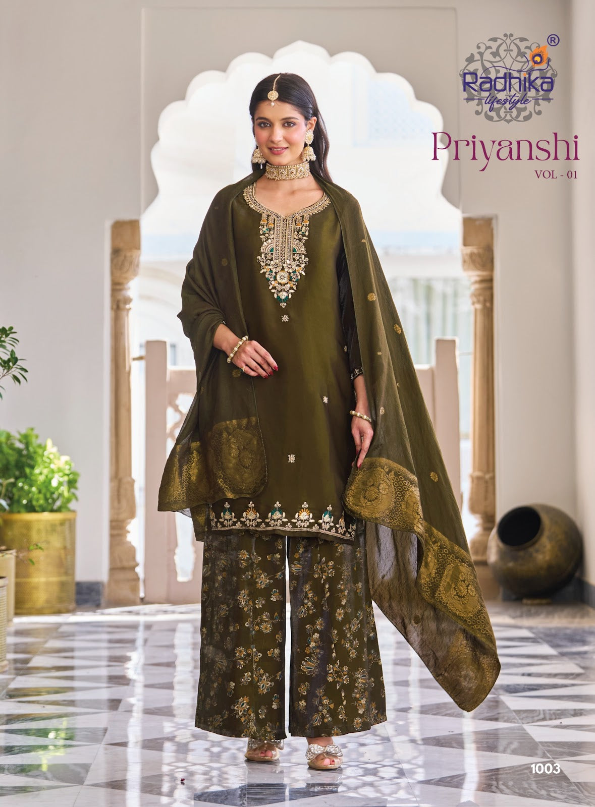 Priyanshi Vol 1 Radhika Lifestyle Roman Silk Readymade Plazzo Style Suits Wholesaler India