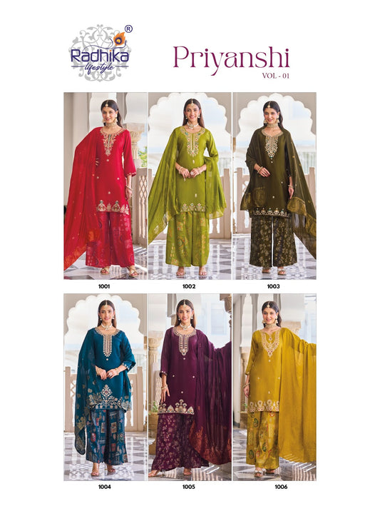 Priyanshi Vol 1 Radhika Lifestyle Roman Silk Readymade Plazzo Style Suits Wholesaler India
