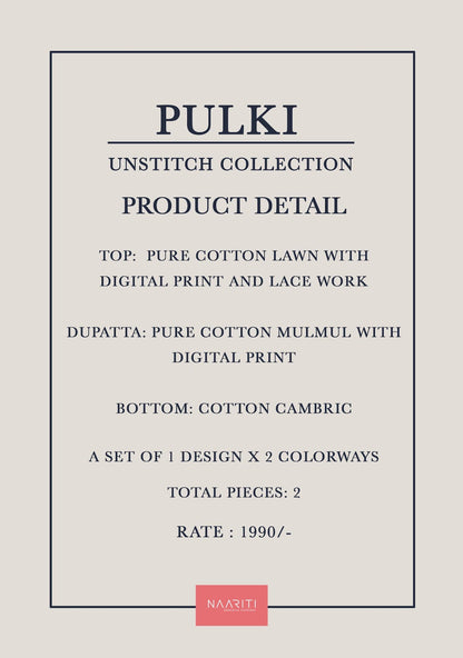 Pulki Naariti Lawn Cotton Pant Style Suits Wholesale Price