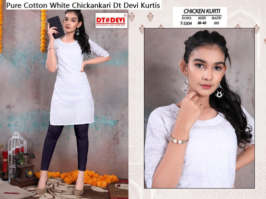 Pure Cotton White Chickankari Dt Devi Kurtis Supplier India