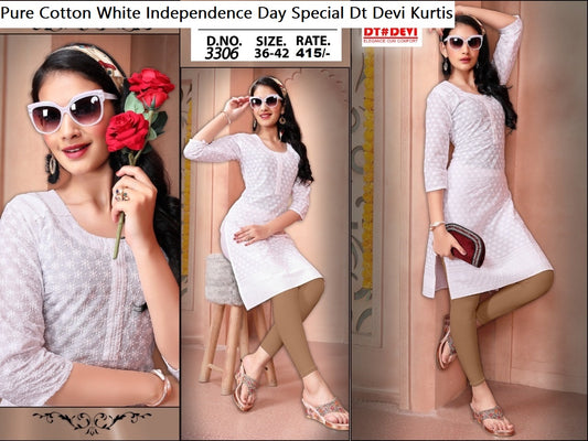 Pure Cotton White Independence Day Special Dt Devi Kurtis Wholesaler Ahmedabad