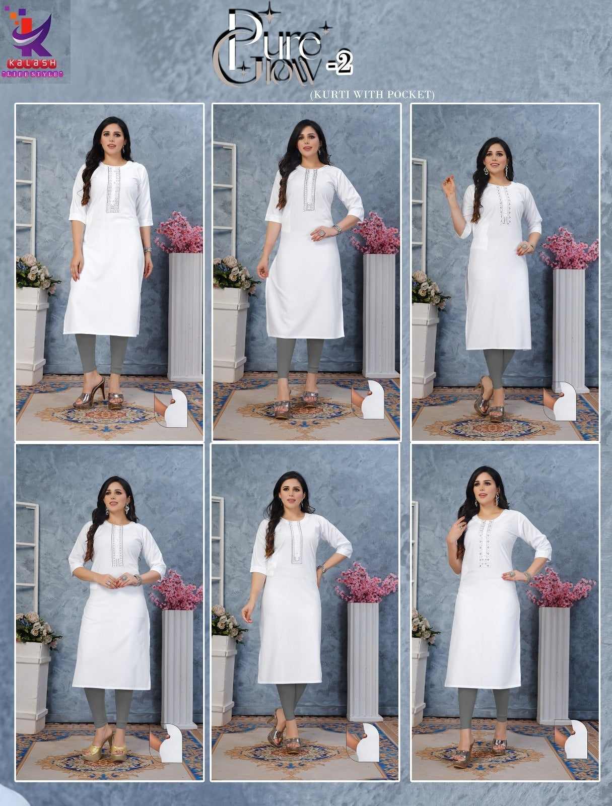 Pure Glow 2 White Colour Mlm Kalash Lifestyle Rayon 22Kg Kurti With Pocket Wholesaler Gujarat