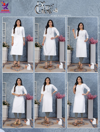 Pure Glow 2 White Colour Mlm Kalash Lifestyle Rayon 22Kg Kurti With Pocket Wholesaler Gujarat