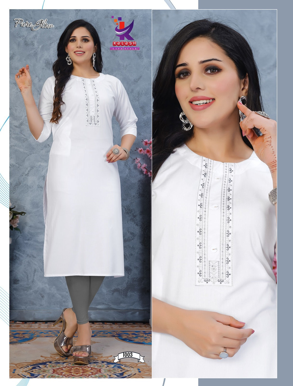 Pure Glow 2 White Colour Mlm Kalash Lifestyle Rayon 22Kg Kurti With Pocket Wholesaler Gujarat