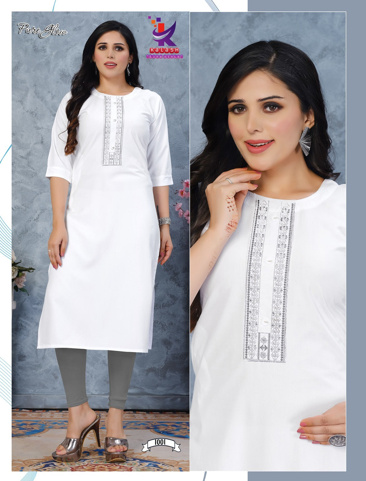 Pure Glow 2 White Colour Mlm Kalash Lifestyle Rayon 22Kg Kurti With Pocket Wholesaler Gujarat