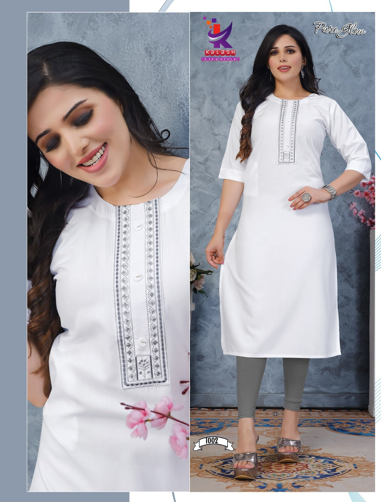 Pure Glow 2 White Colour Mlm Kalash Lifestyle Rayon 22Kg Kurti With Pocket Wholesaler Gujarat