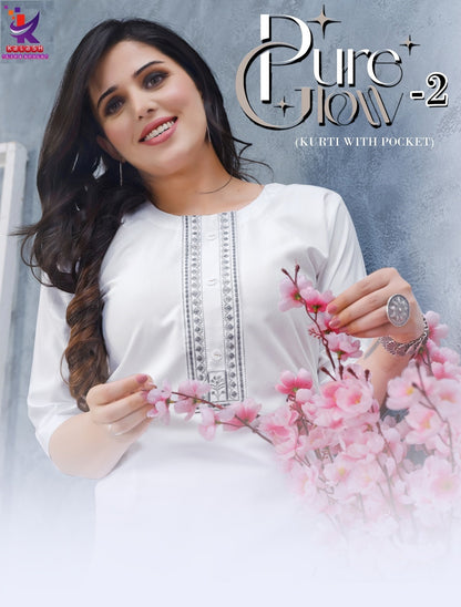 Pure Glow 2 White Colour Mlm Kalash Lifestyle Rayon 22Kg Kurti With Pocket Wholesaler Gujarat