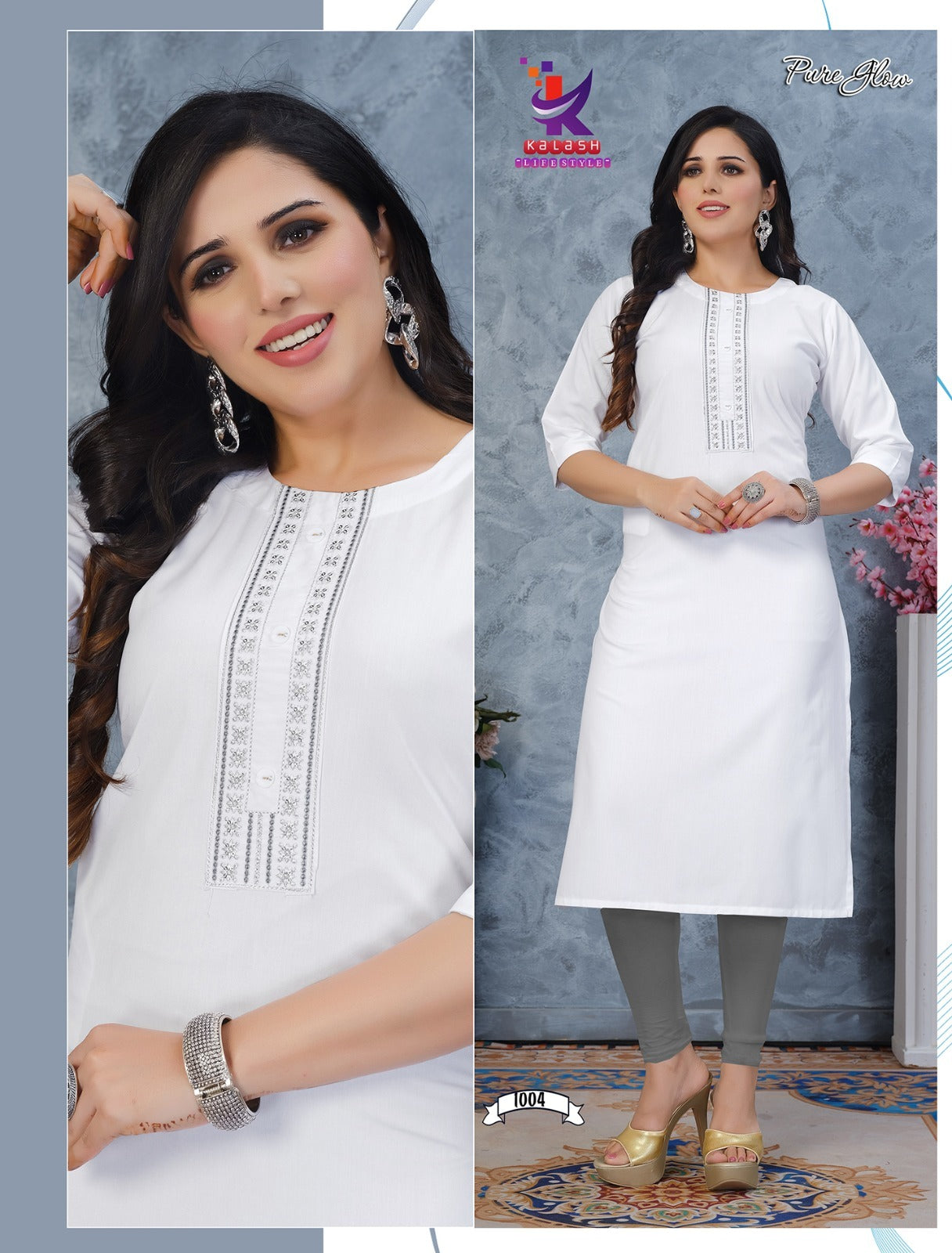 Pure Glow 2 White Colour Mlm Kalash Lifestyle Rayon 22Kg Kurti With Pocket Wholesaler Gujarat