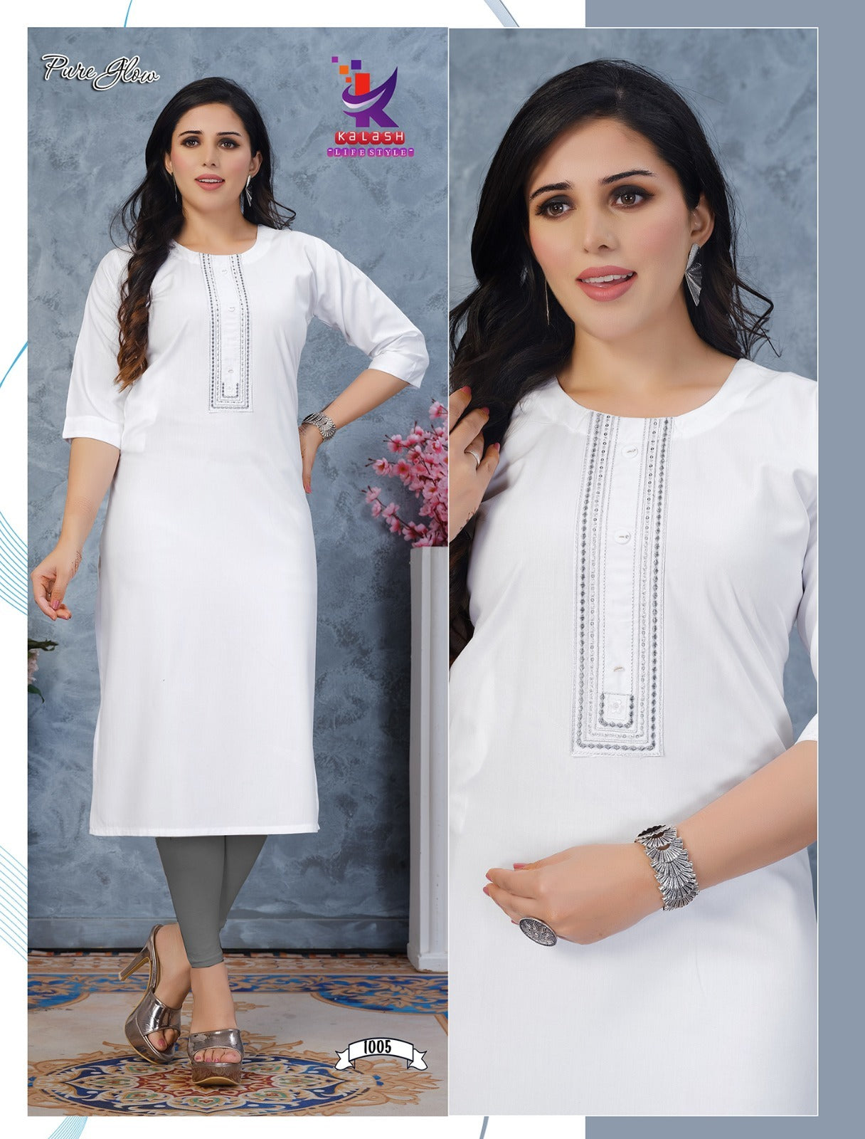 Pure Glow 2 White Colour Mlm Kalash Lifestyle Rayon 22Kg Kurti With Pocket Wholesaler Gujarat