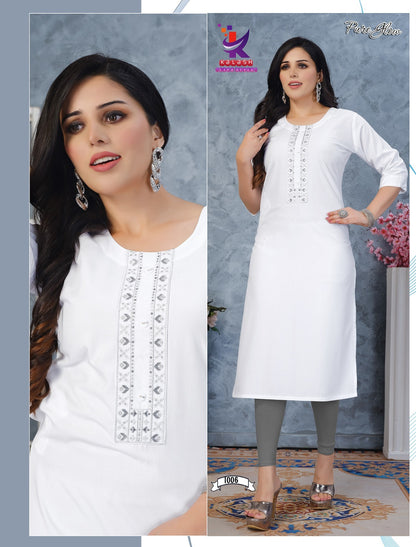 Pure Glow 2 White Colour Mlm Kalash Lifestyle Rayon 22Kg Kurti With Pocket Wholesaler Gujarat