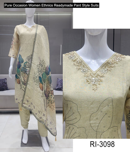 Pure Occasion Women Ethnics Viscose Simmer Readymade Pant Style Suits Wholesale Rate