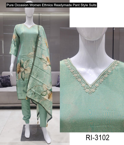 Pure Occasion Women Ethnics Viscose Simmer Readymade Pant Style Suits Wholesale Rate