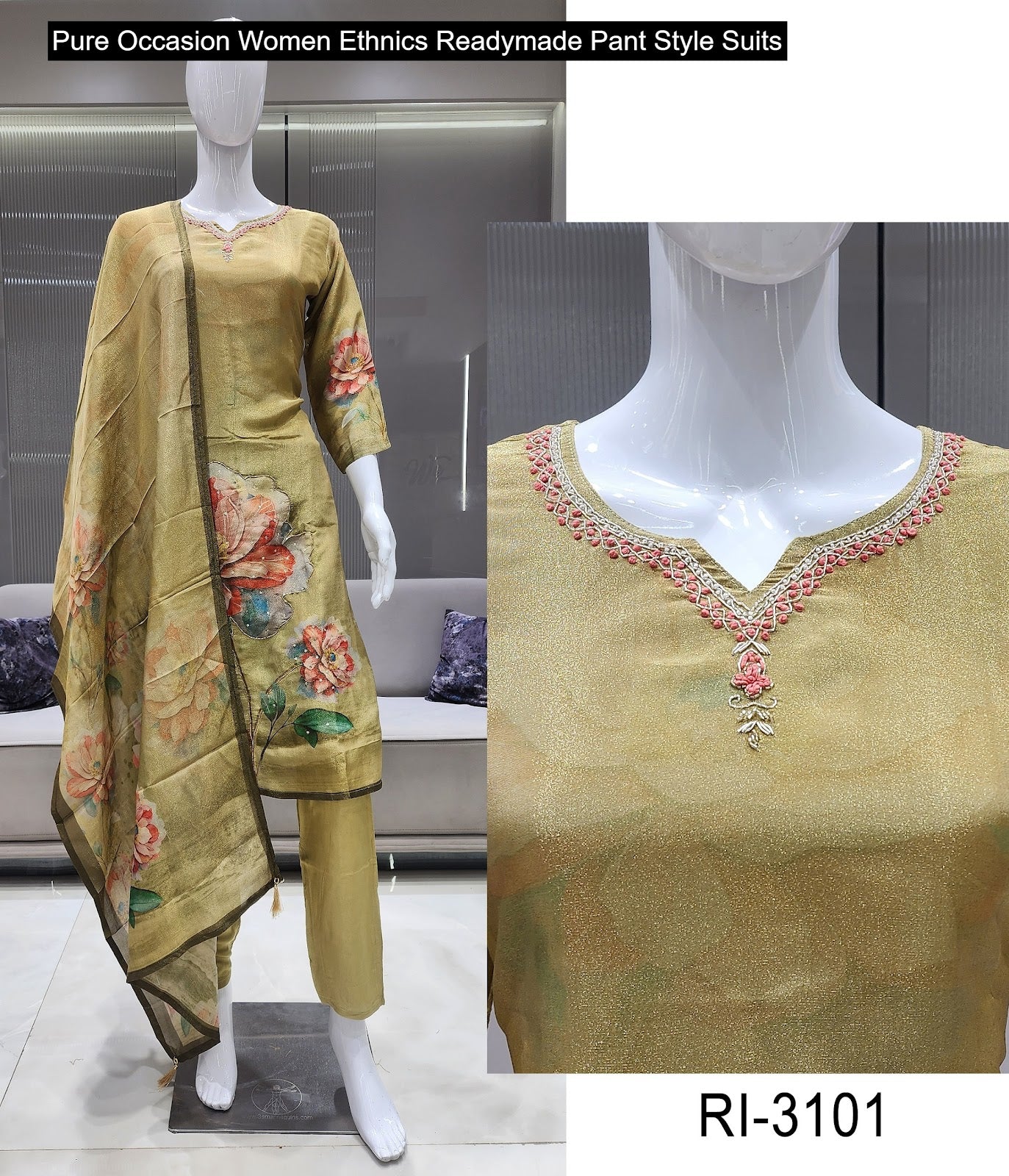 Pure Occasion Women Ethnics Viscose Simmer Readymade Pant Style Suits Wholesale Rate