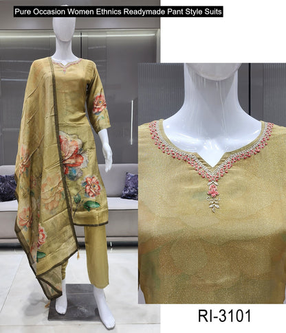 Pure Occasion Women Ethnics Viscose Simmer Readymade Pant Style Suits Wholesale Rate