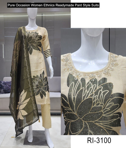 Pure Occasion Women Ethnics Viscose Simmer Readymade Pant Style Suits Wholesale Rate