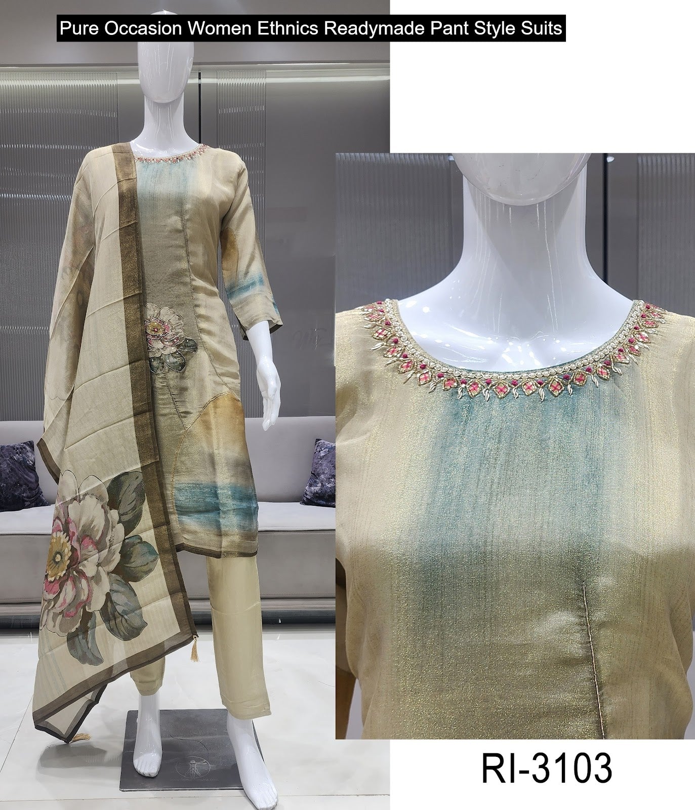 Pure Occasion Women Ethnics Viscose Simmer Readymade Pant Style Suits Wholesale Rate