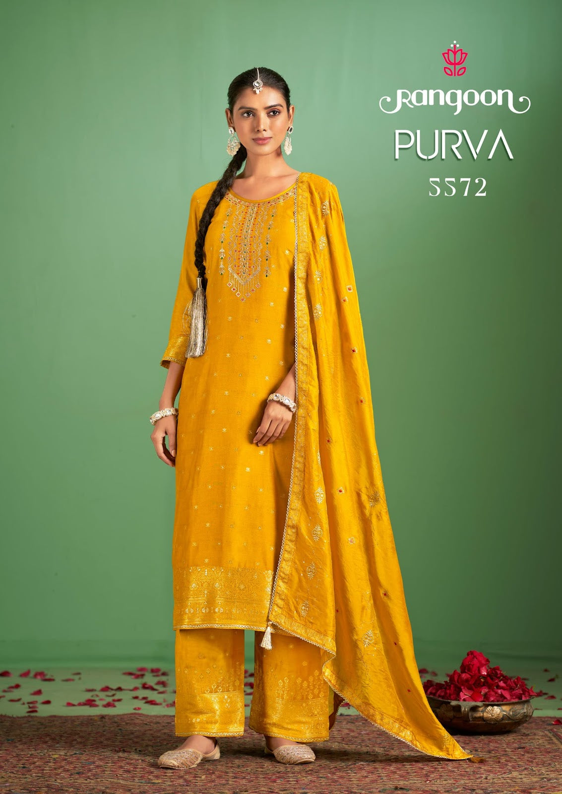 Purva Rangoon Muslin Jacquard Readymade Plazzo Style Suits Supplier Gujarat