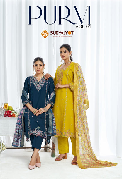 Purvi Vol 1 Suryajyoti Modal Silk Readymade Pant Style Suits Exporter