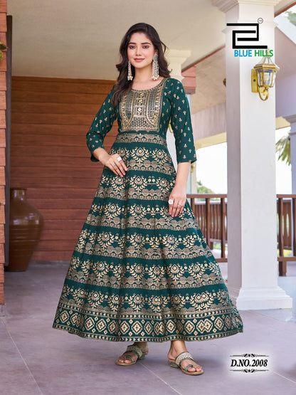 Pushpa 2 Blue Hills Rayon 14Kg Anarkali Kurtis Wholesale Rate
