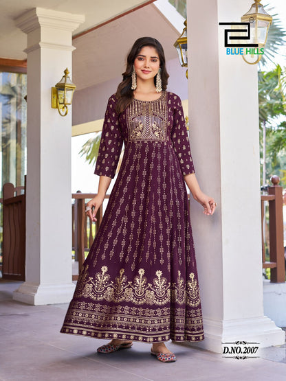 Pushpa 2 Blue Hills Rayon 14Kg Anarkali Kurtis Wholesale Rate