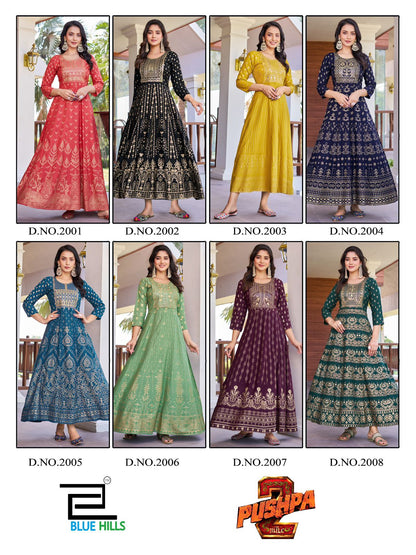 Pushpa 2 Blue Hills Rayon 14Kg Anarkali Kurtis Wholesale Rate