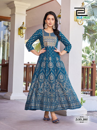 Pushpa 2 Blue Hills Rayon 14Kg Anarkali Kurtis Wholesale Rate
