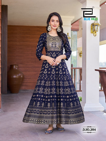 Pushpa 2 Blue Hills Rayon 14Kg Anarkali Kurtis Wholesale Rate