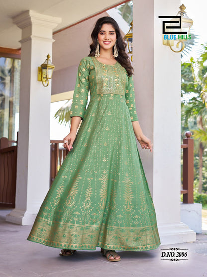 Pushpa 2 Blue Hills Rayon 14Kg Anarkali Kurtis Wholesale Rate