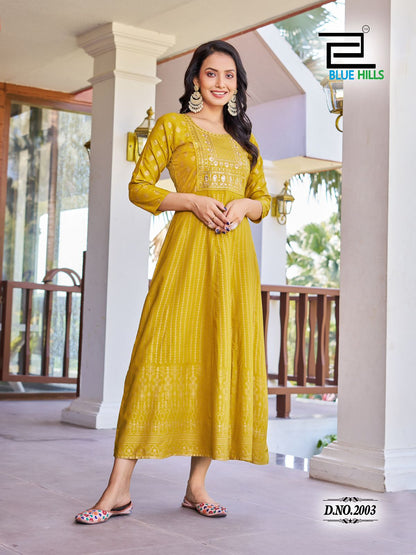 Pushpa 2 Blue Hills Rayon 14Kg Anarkali Kurtis Wholesale Rate