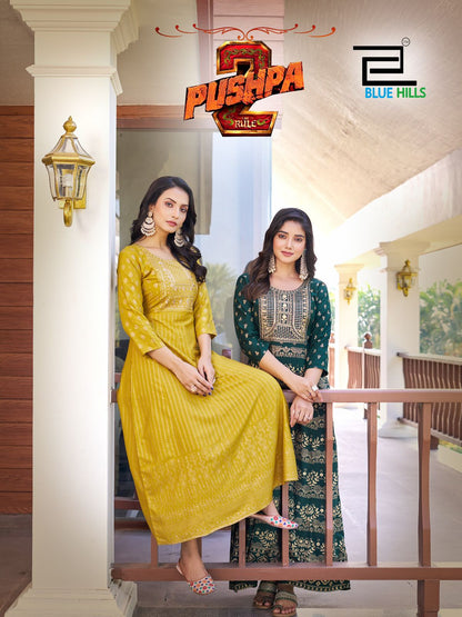 Pushpa 2 Blue Hills Rayon 14Kg Anarkali Kurtis Wholesale Rate
