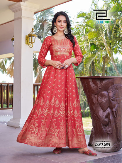 Pushpa 2 Blue Hills Rayon 14Kg Anarkali Kurtis Wholesale Rate