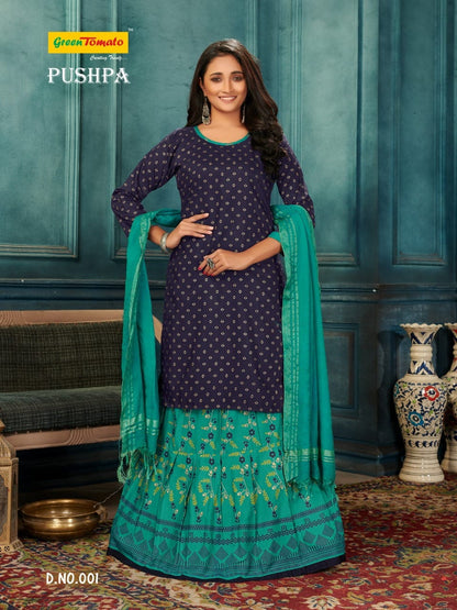 Pushpa Green Tomato Cotton Readymade Skirt Style Suits Supplier India