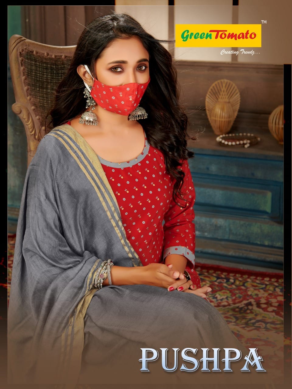 Pushpa Green Tomato Cotton Readymade Skirt Style Suits Supplier India