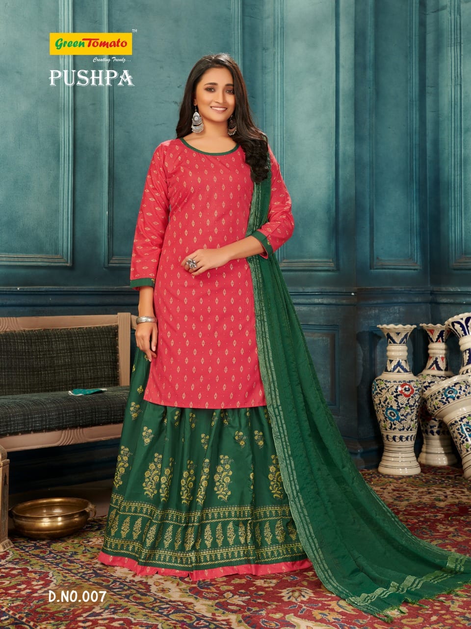 Pushpa Green Tomato Cotton Readymade Skirt Style Suits Supplier India