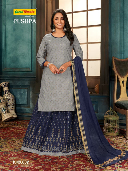 Pushpa Green Tomato Cotton Readymade Skirt Style Suits Supplier India